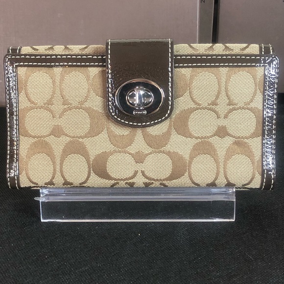 COACH Brown Monogram Silver Twist Lock Bifold Wallet with Contrasting Stitch - Picture 17 of 17